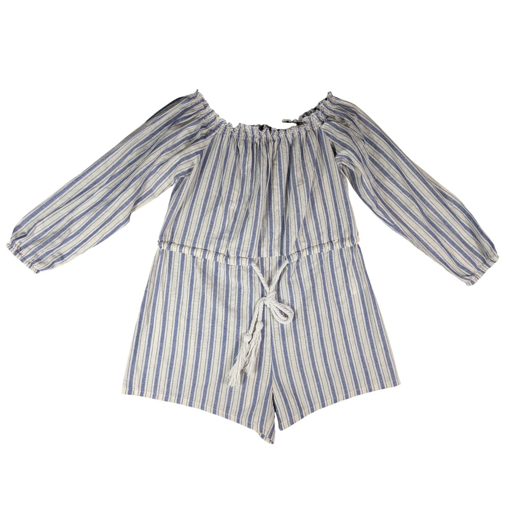 Simplee Apparel Womens Blue Striped Off Shoulder Tassel Tie Romper Size Medium